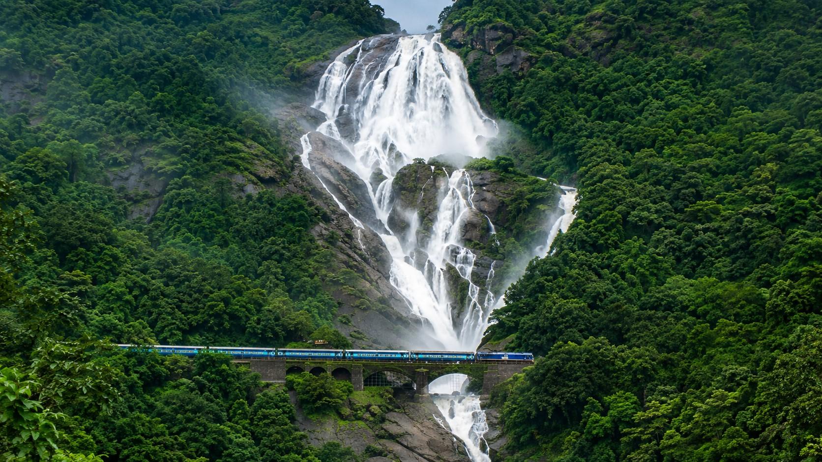 Dudhsagar Waterfalls in Goa cascading down 310 metres into a natural pool in the jungle