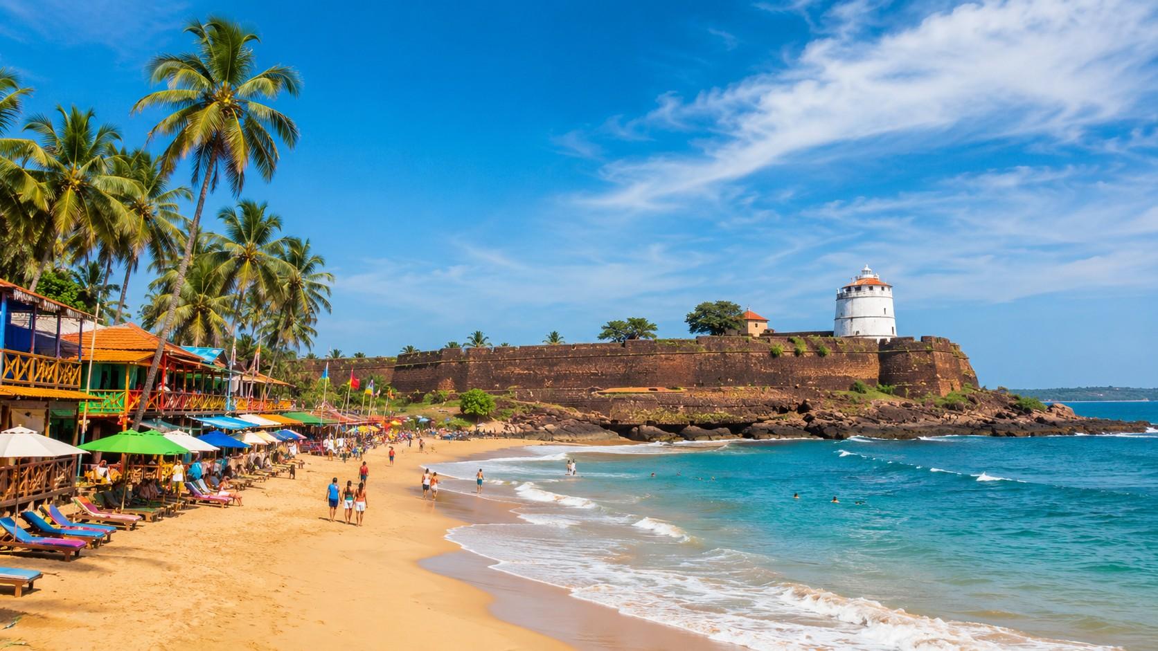 Scenic view of North Goa beaches and Aguada Fort during a sightseeing tour