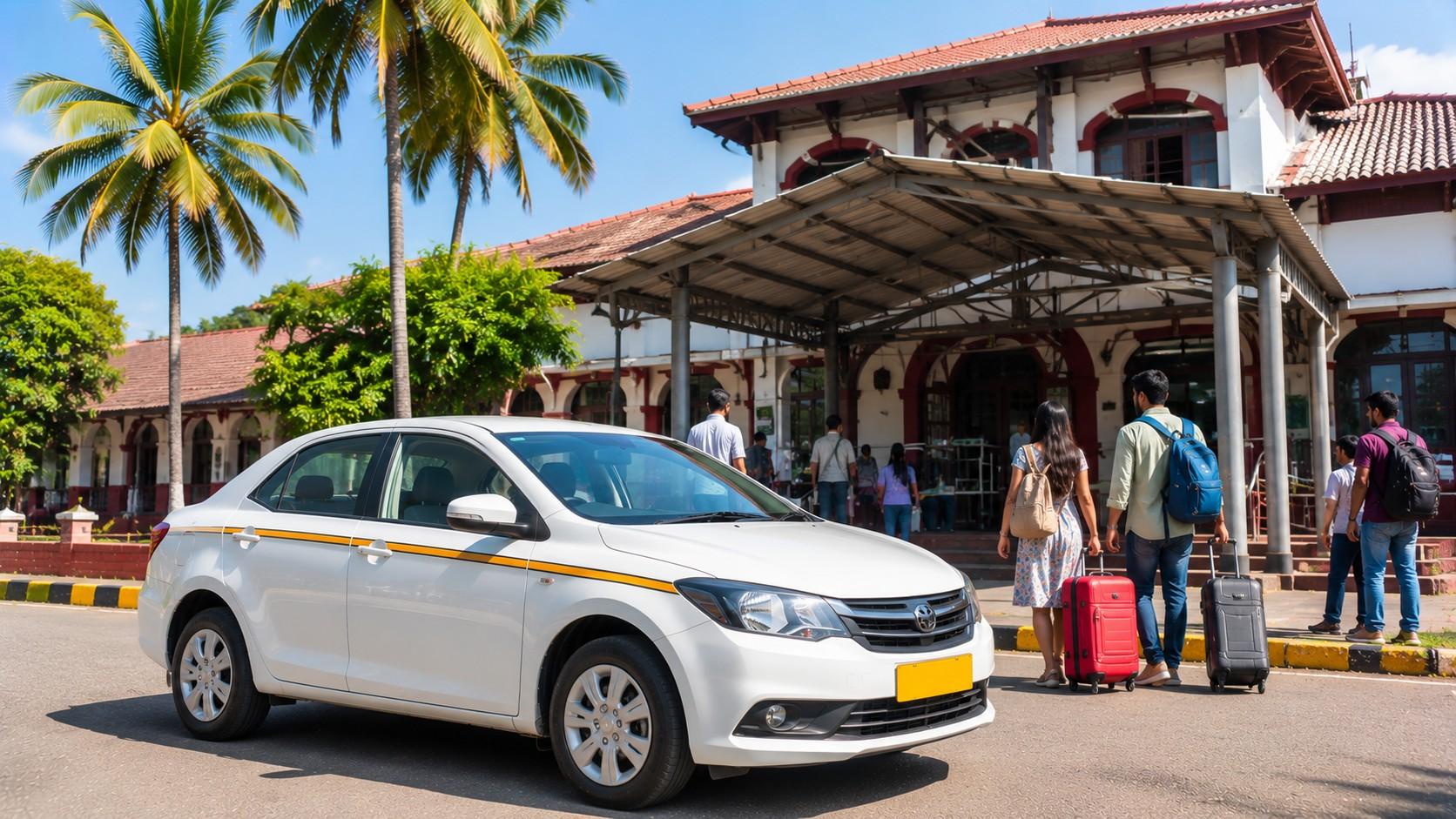 EzyGoa taxi driver waiting outside Thivim railway station in Goa for passenger pickup